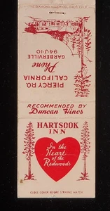1950s Hartsook Inn D. E. Lingenfelter Piercy CA Mendocino Co Matchbook - Bild 1 von 2