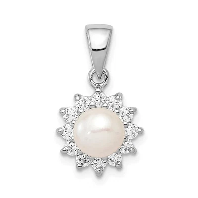 Argento Sterling Rhodiumed Acque Dolci Coltivate Perle & Diamante Fiore Ciondolo - Immagine 1 di 3