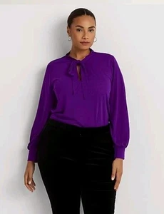 NWT $115 Ralph Lauren Black Label Women Stretch Tie-Neck Top Purple 1X Blouse - Picture 1 of 24