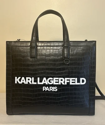 Karl Lagerfeld Paris Black Logo Croc Embossed Two Way Crossbody Tote Bag Handbag - Image 1 of 4