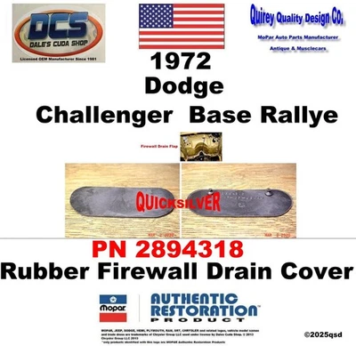 1972 Dodge Challenger E Body Firewall Rubber Drain Flap 2894318 NEW MoPar USA - Image 1 of 2