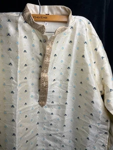 Túnica Kurta Larga Para Hombre Azul Marfil Bordada XXL - Étnica Tradicional India Nosotros - Imagen 1 de 5