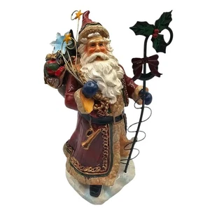 Statuina natalizia Babbo Natale rustica vintage con bastone agrifoglio e sacco giocattolo - Foto 1 di 5