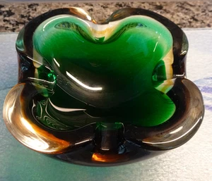 Murano Art Glass Green Amber Ashtray Bowl Seguso Barbini Square Pinched GLOWS - Picture 1 of 12