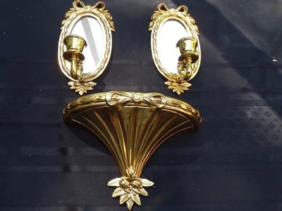 Burwood Ribbons Bows Mirror Sconces Wall shelf #3120 set Gold tone Vtg Home Int  - Image 1 of 4