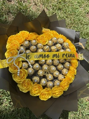 Bouquet of 23 eternal roses, yellow Satin Ribbon handmade with 42 Ferrero Rocher - Image 1 of 3