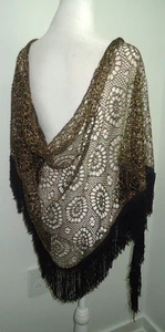 Vintage 70er Jahre Damen Gold Schwarz Häkeltuch Fransen Größe-90x30 in - Bild 1 von 9