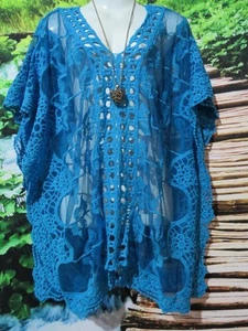 BOHO BLUE CROCHET & MESH COVER UP KAFTAN TOP 14 to 24 💕🌷 146 CM HIPS LAST 1 - Picture 1 of 8
