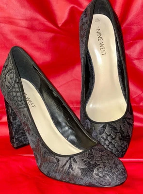 Nine West Black Tapestry Fabric 4” Block Heels. Size 7 1/2M Women’s EUC - Image 1 of 4