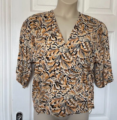 Primark UK 10 US 6 Gold Black Butterfly Print Viscose Wrap Blouse Top 3/4 Slv - Image 1 of 4