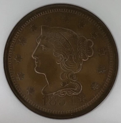 1854 Braided Hair Large Cent NGC MS64BN Soapbox Slab - Image 1 of 4