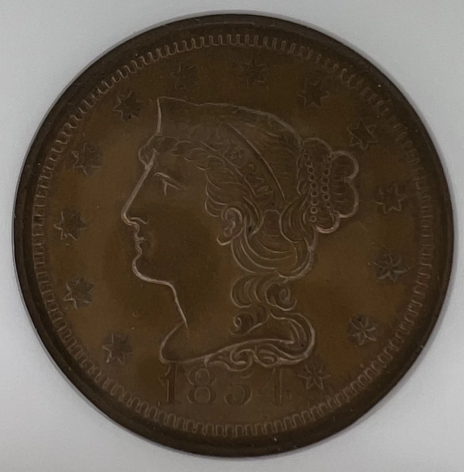 1854 Braided Hair Large Cent NGC MS64BN Soapbox Slab - Image 1 of 4