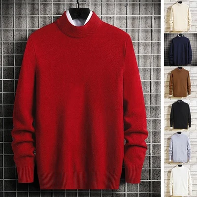 Men's Half-Turtleneck Slim Sweater Korean Style Solid Color Warm Basic Knitwear - Image 1 of 4