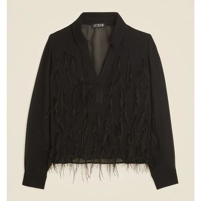 J.Crew Bungalow Feather Embellished Top Chiffon Viscose Blouse Black XS NWT - Image 1 of 4
