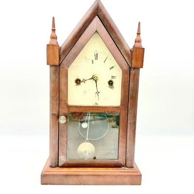 Antiguo Reloj Waterbury Mini Steeple Mantel 8 Días Llave Cuerda Madera Gótico 15" De Colección Foto 1 de 4
