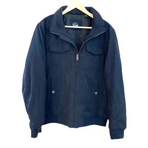 Dockers Bomber Aviator Jacket Mens Medium Navy Quilted Lining Roll Away Hood - Picture 1 of 17