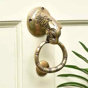Antique Tiger Head Brass Ring Door Knocker Handmade Front Doorbell 5.3 Inch - Picture 1 of 5