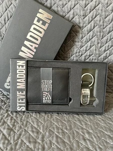 NEW Men's Steve Madden Black Leather BillFold Wallet Key Fob Box Set RFID BLOCK - Picture 1 of 11