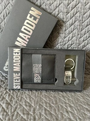 НОВЫЕ мужские Steve Madden черный кожаный бумажник брелок коробка комплект RFID блок - Изображение 1 из 4