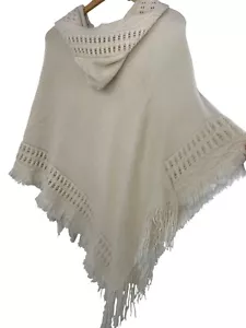 New Poncho Hood Fringe Hem Knit Crochet Details OS Max Edition $98 8682 - Picture 1 of 8