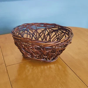 Vintage Willow Wicker Basket - Handmade Natural Décor Dark Wood Wooden Storage - Picture 1 of 10