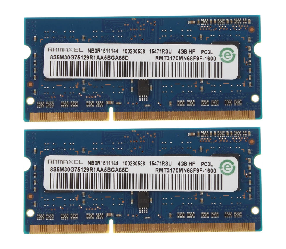 RAMAXEL 2X 4GB 1RX8 PC3L-12800 DDR3 1600MHz For Laptop RAM Memory 204Pin 1.35V & - Image 1 of 1
