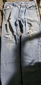 Levis 501 Blue Jeans 33x32 Button Fly Extremely Worn DISTRESSED Frayed Torn Tag - Picture 1 of 7