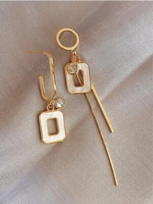 Womens Long White Gold Metal Geo Mismatched Dangle Drop Decor Earrings Party - Image 1 of 3