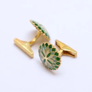 Vintage Off White & Green Enamel Cufflinks – Sterling Silver Round Flower Design - Picture 1 of 5