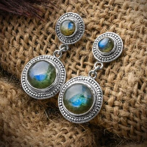 Sterling Silver Labradorite Vintage Antique Dangle Ladies Earrings Jewellery - Picture 1 of 5