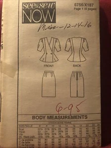 6756 Vintage Butterick Nähmuster Misses Jacke Rock Anzug Top 12-14-16 - Bild 1 von 1