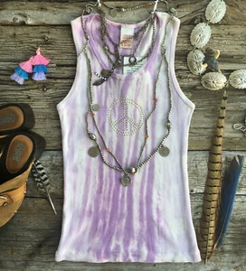 Peace Sign Tank Top Purple White Tie Dye Gold Stud Festival Hippie Groovy Retro - Picture 1 of 11