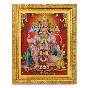 Foto de obra de arte Panchmukhi Hanuman dorado Zari en marco dorado (11 x 13 pulgadas) - Imagen 1 de 3