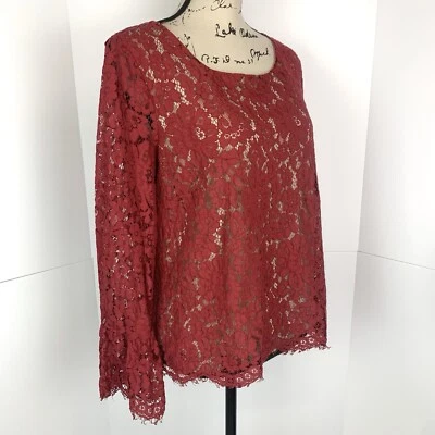 玫瑰 + 橄榄女式 L 恤上衣红色蕾丝喇叭袖口透明女性浪漫波西米亚 — 第 1/4 张图片