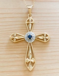 0.10ctw GENUINE SAPPHIRE STONE & DIAMOND CROSS PENDANT NECKLACE NEW !! - Picture 1 of 1