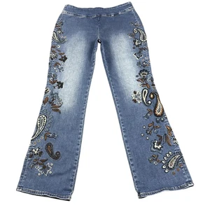 Jeans Driftwood Mujer XL Azul Bordado Cachemira Floral Boho Bootcut Regular - Imagen 1 de 6