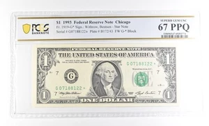 1993 $1 Chicago IL FRN Star Note Fr#1919-G* Superb Gem Unc 67 PPQ PCGS *2896 - Picture 1 of 3