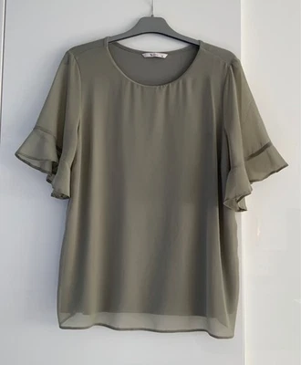 Tu Woman Khaki Green Chiffon/Jersey Mix Top UK12 Bell Sleeve Cool & Comfortable - Image 1 of 4