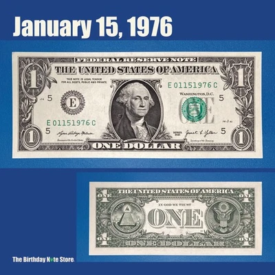 January 15, 1976 Birthday Anniversary $1 One Dollar Bill Serial Number 01151976 - Image 1 of 2
