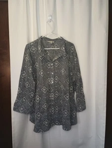 John Mark 2X bestickt Knopfleiste Top grau Kragen geometrisch künstlerisch reif Boho - Bild 1 von 11