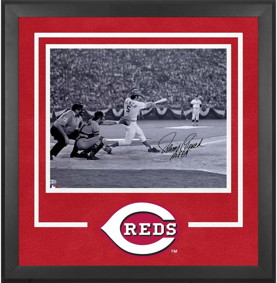 Foto de Johnny Bench Reds firmada enmarcada 16x20 blanco y negro con patio 89 insc Foto 1 de 1