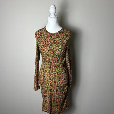 Carven Dress Women's Small Green Orange Geometric Print Ruched Side Sheath - Image 1 of 4