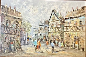 Dipinto olio originale firmato Bernard-European City Street Medium senza cornice - Foto 1 di 8