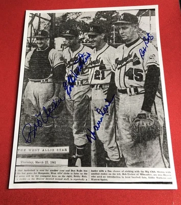 Bob Uecker/ Spahn / Mathews Signed  Vintage B/W 8x10 Photo - Milwaukee Braves — - Image 1 of 4