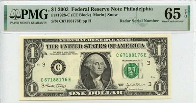 2003 $1 Federal Reserve Note Philadelphia Fr# 1928-C PMG Gem65 EPQ Radar - Image 1 of 2