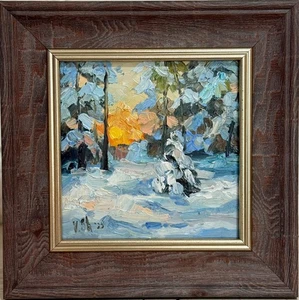 Original Oil Painting Winter Sunset Landscape Forest Art Signed Framed Impasto - Picture 1 of 7