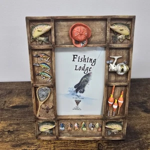 VTG 3D Fishing 4"X6" Picture Frame Trout Lures Reel Bobbers Man Cave Cabin Decor - Picture 1 of 13