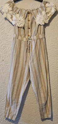 River Island Girls Jumpsuit Age 7 – Light Brown & White Stripe Playsuit Outfit - Image 1 of 4