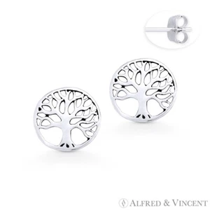 Orecchini a borchie Argento Sterling Albero della Vita 11 mm .925 Ciondolo Fortuna Borchie Push-Back - Foto 1 di 1