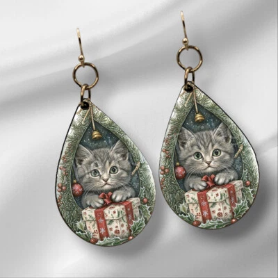 Pendientes Gato Navidad Gris SIN DESLUSTRE Madera Lágrima Amante Gato Mamá Dama Regalo Foto 1 de 4